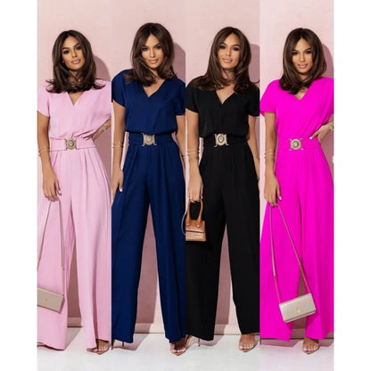 Jumpsuits women 2026 rompers new summer solid color short-sleeved V-neck wide-leg jumpsuits women's clothing