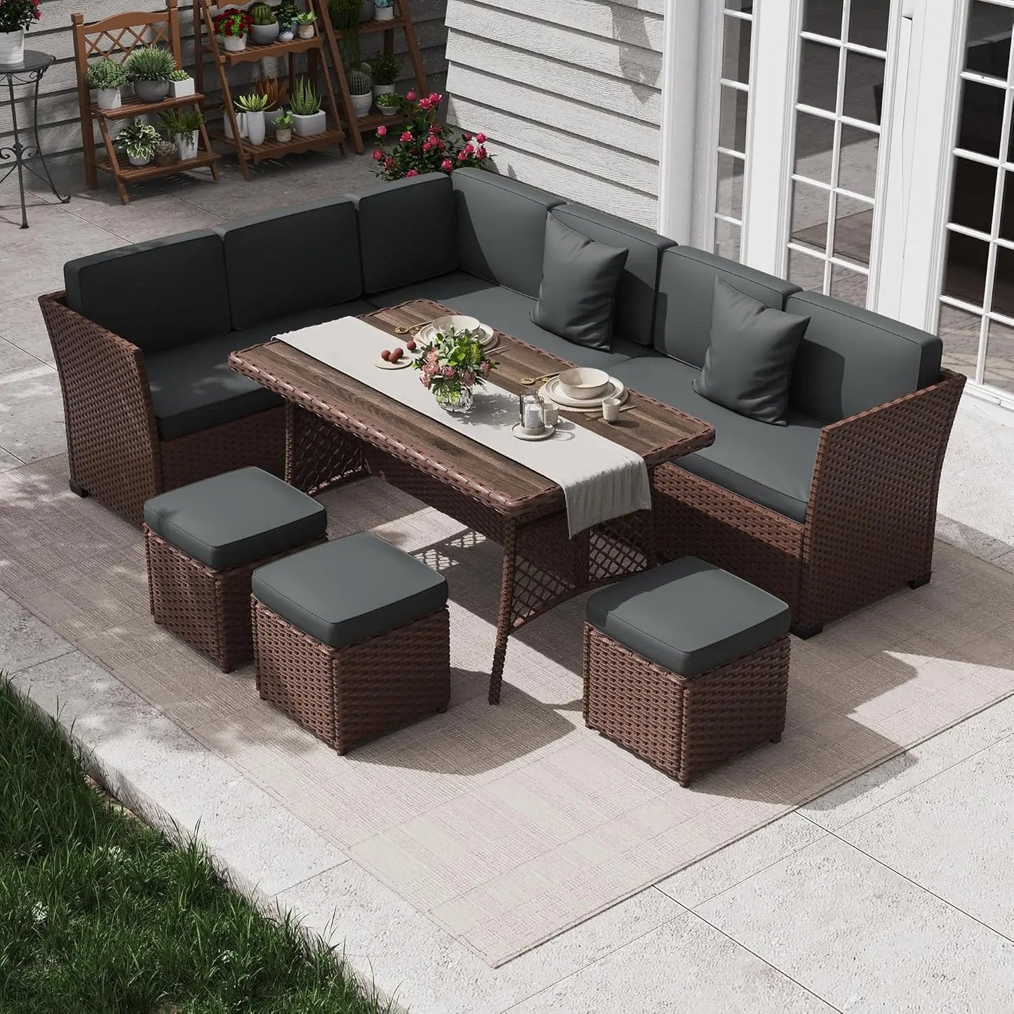 7 Piece Patio Furniture Set, Outdoor PE Wicker Rattan Outdoor Dining Set, Patio Table and Chairs Set, Patio, Customized