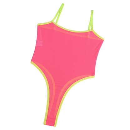 Sexy Lingerie for Woman Neon Pink Sheer Mesh Bodysuit Slimming Body Spaghetti Strap One Piece Lingerie Teddy Sleeveless Jumpsuit