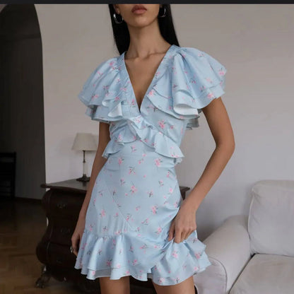 2026 Spring Women's Summer New Ruffled Floral Short Skirt V-neck Pleated Dress Shorts