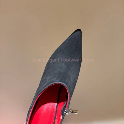 Black Suede Sword Shaped Pointed Stiletto Pumps Women Sliver Decor Side Zipper Shallow Ankle Boots Sexy Fashion Party Dress Shoe