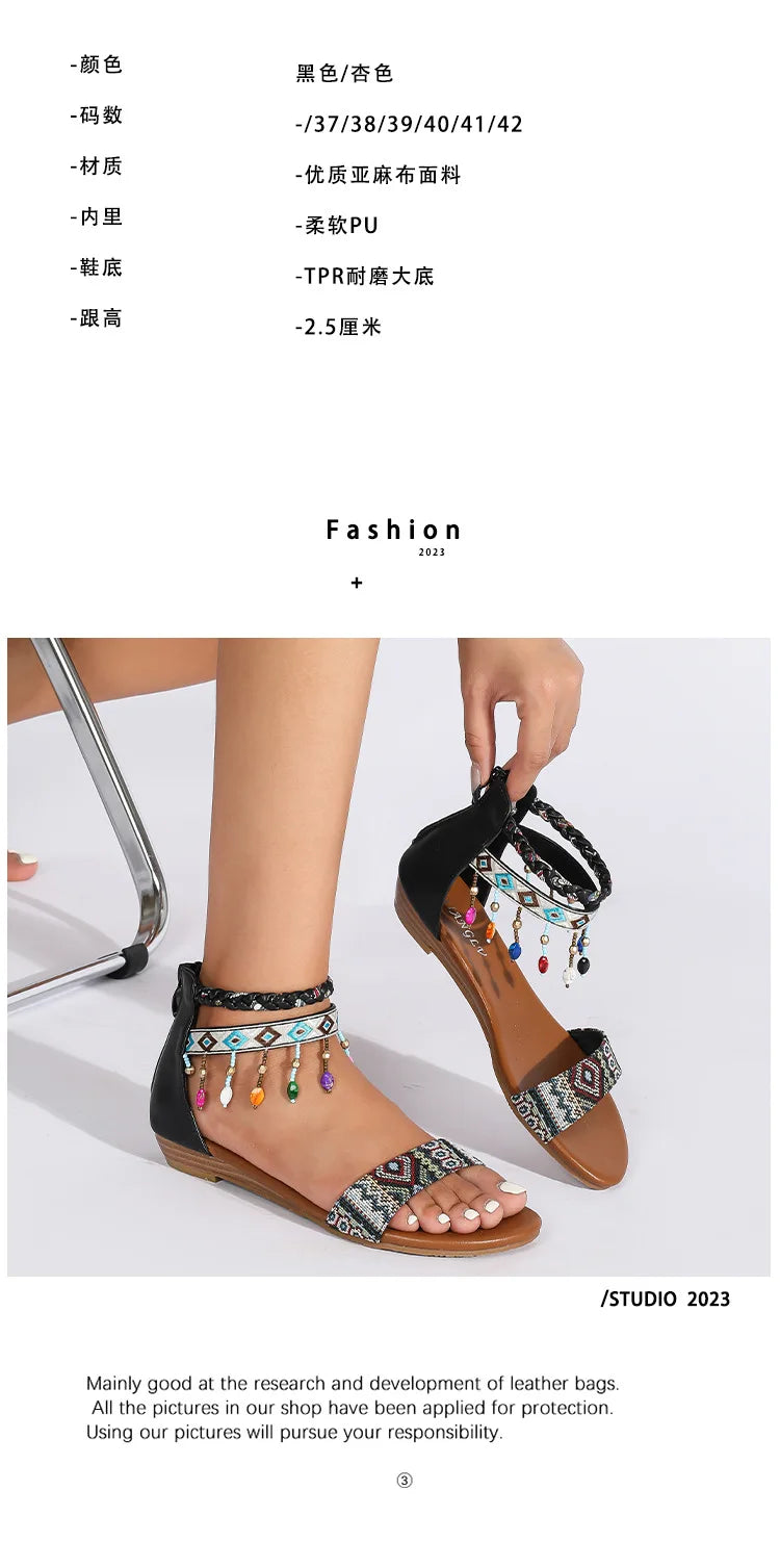 High quality leather flat sandals for women 2.5cm low heel vintage print new summer 2026 36 42 open toe casual shoe black brown