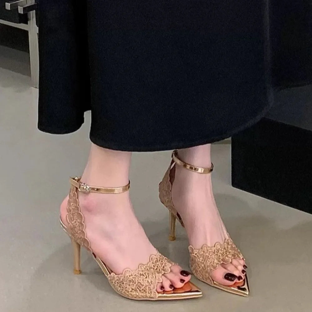 Luxury Lace Embroidery Ankle Strap Buckle Women Gladiator Sandals Elegant Thin High heels Summer Fashion Party Wedding Shoes