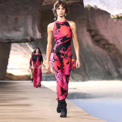 Sexy Vintage Printed Jumpsuits Woman Trend O Neck Zipper Sleeveless Skinny Peach Hip Jumpsuit Hottie Party Club Overalls