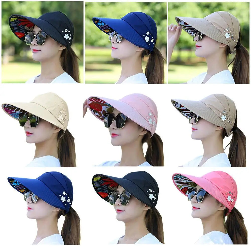 Women Summer Empty Top Sun Protection Cap Large Brim Anti-UV Ponytail Hat For Women Outdoor Travel Beach Visor Fisherman Hats