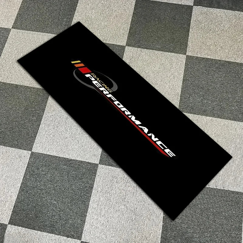 Racing Performance Logo Garage Runner Floor Mat, Black Red Stripe Oil Absorbent Non-Slip Long Rug for Motorcycle Car Workshop Ma