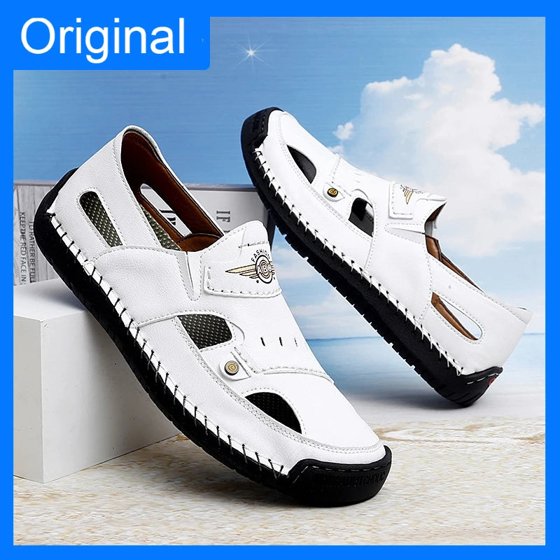 Mens Walking Shoes Summer Breathable Leather Hand Sewn Minimalist Baotou Flat Shoes Soft Elastic Daily Casual Male Sandalia