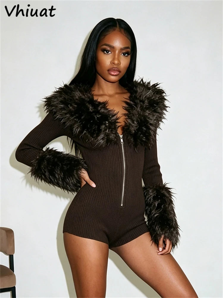 Vhiuat Women Women's Sexy Kintted Faux Fur Slim Playsuits Fashion Streetwear Rompers Fashion One-piece Tops All-match Bodysuit