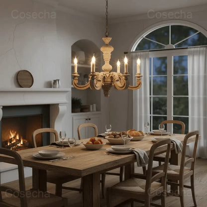 Antique White Wood Chandeliers Mid Century Chandelier Vintage French Hanging Chandeliers Classic 5/6/8 Lights Dining Living Room