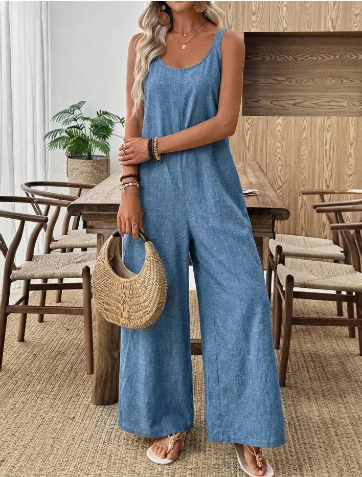 Summer Sleeveless Backless Jumpsuits For Woman 2026 Casual Holiday Solid Color Loose Strap Rompers One Piece Clothing