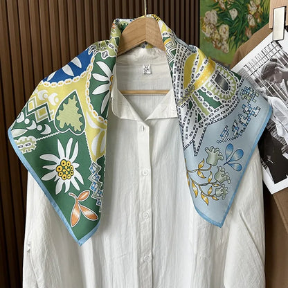 Green Boho Horse Square Scarf 70cm Ethnic Floral Satin Bandana Women Neck Handbag Wrap Elegant Silk Feel Daily Fashion Accessory