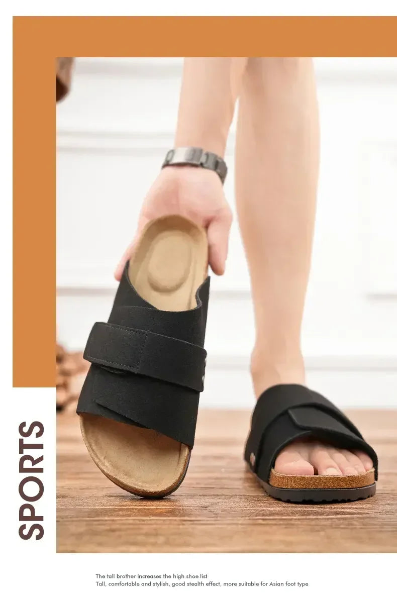 Cork Slippers Men Summer Beach Slides Suede Leather Womens Flat Sandals Fashionable Outdoor Male Mules Non Slip Babouche Femm