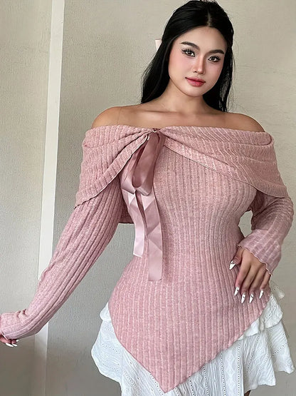 New Sexy Off-The-Shoulder Front Tie-Up Sweater Plus Size One-Shoulder Slim Fit Top Fashion AllMatch Autumn Women's Clothing Sale