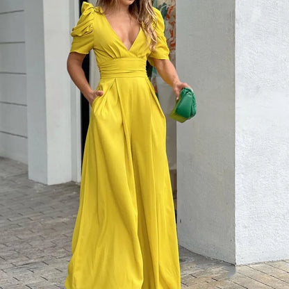 Summer Women's Slim Short Puff Sleeve V-neck Wide Leg Long Jumpsuit Elegant High Waist Ruched  Pocketed Solid color jumpsuits