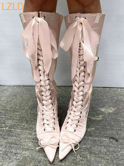 Sweet Pointed Straps Party Catwalk Knee Boots 2025 New Bowknot Satin Women's Long Boots Street Fashion Stiletto Casual Boots