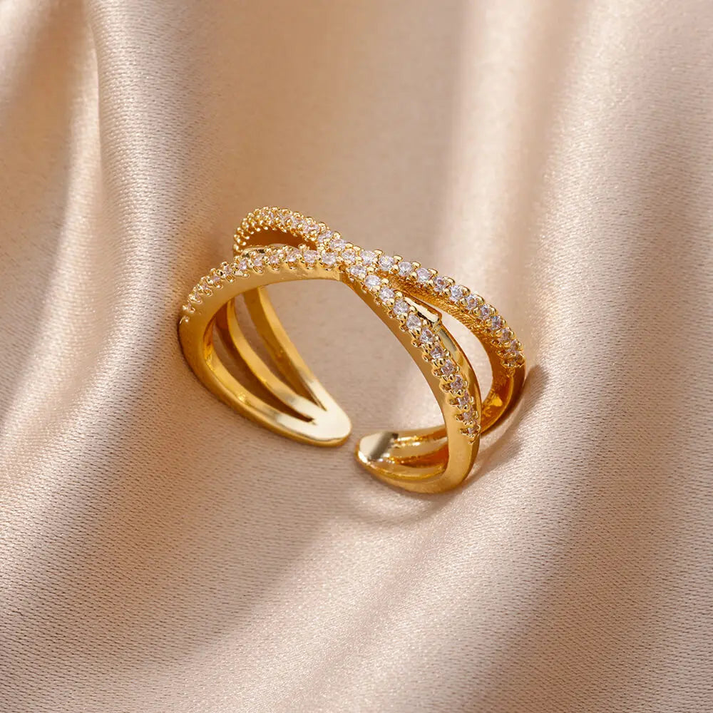 Luxury Zircon Geometric Rings For Women Stainless Steel Gold Color Open Ring Trendy Wedding Party Aesthetic Jewerly Gift Femme