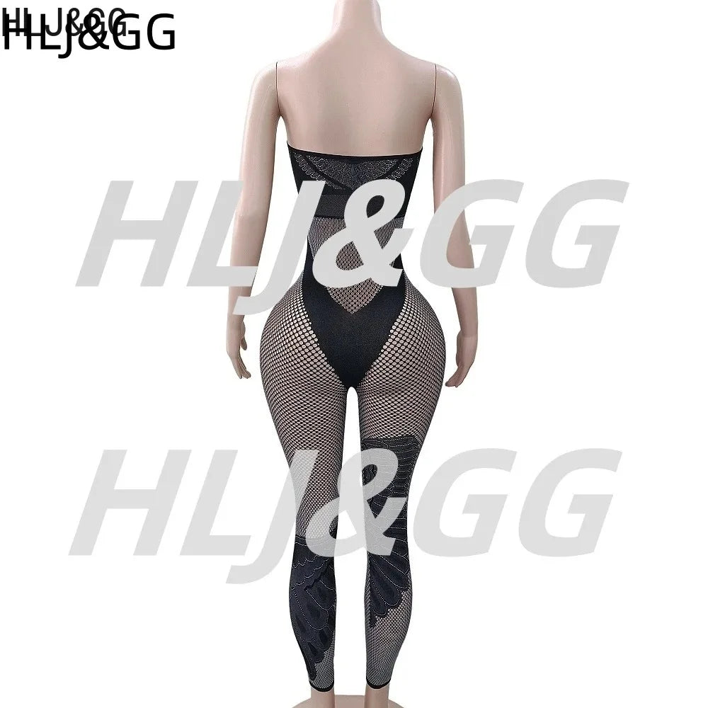 HLJ&GG Sexy Off Shoulder Hollow Out Bodycon One Piece Jumpsuits Women Sleeveless Backless Slim Playsuit Fashion Stretchy Overall