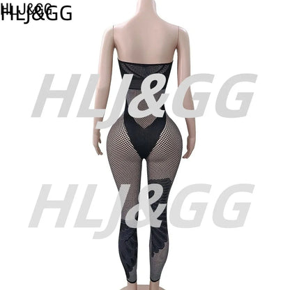 HLJ&GG Sexy Off Shoulder Hollow Out Bodycon One Piece Jumpsuits Women Sleeveless Backless Slim Playsuit Fashion Stretchy Overall