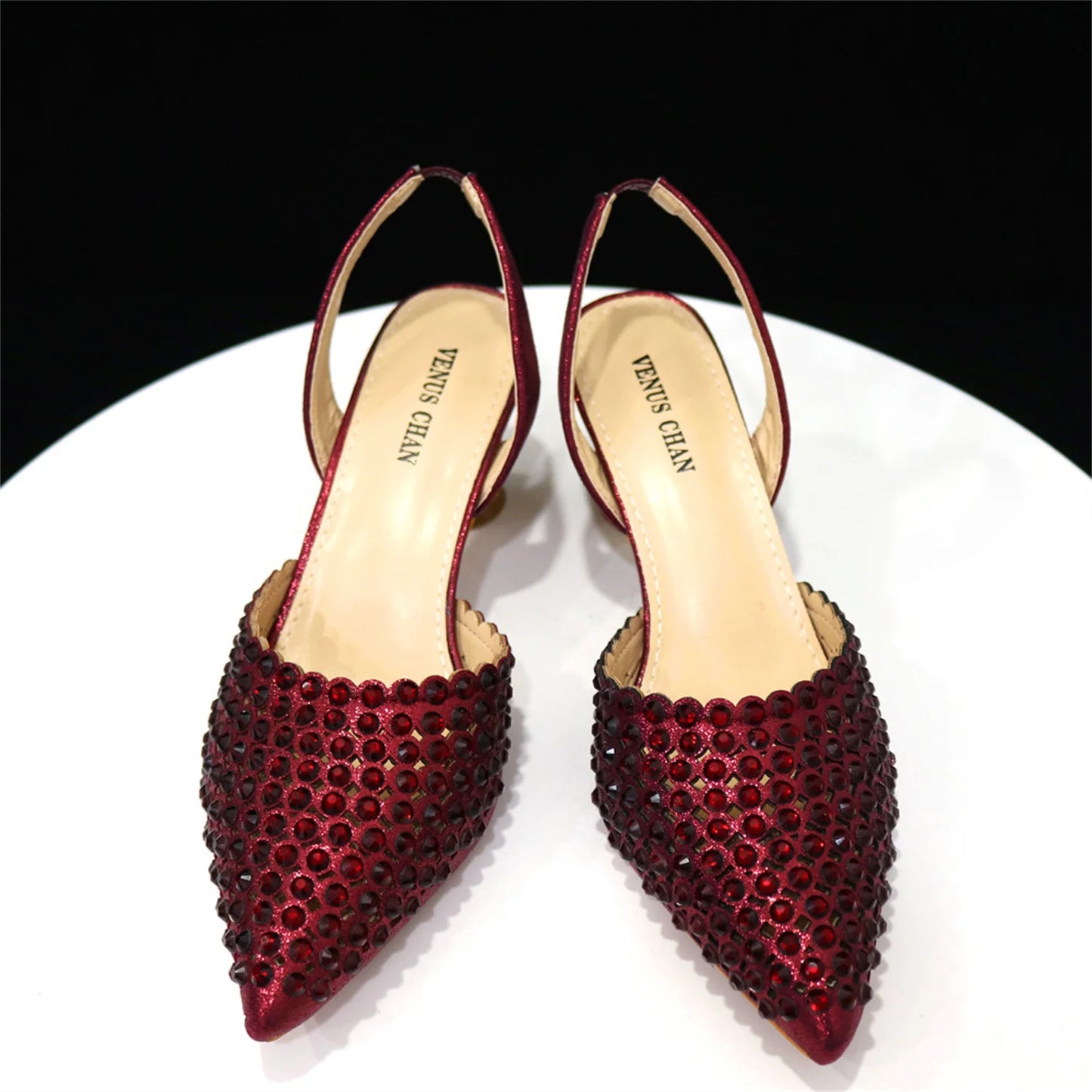 Venus Chan 2026 Elegant Women's Pointed Toe Heels - Wine Color Full Diamond Pumps with Matching Italian Shoes & Bags Set