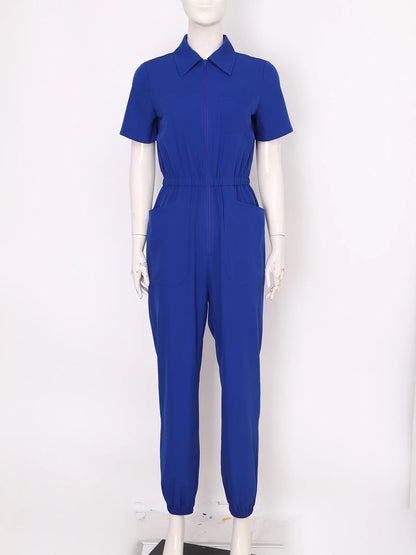 Womens Short Sleeve Scrubs Jumpsuit Front Zipper Elastic Waist Jogger Pants Rompers Nurse Doctor Workwear for Caring Nursing