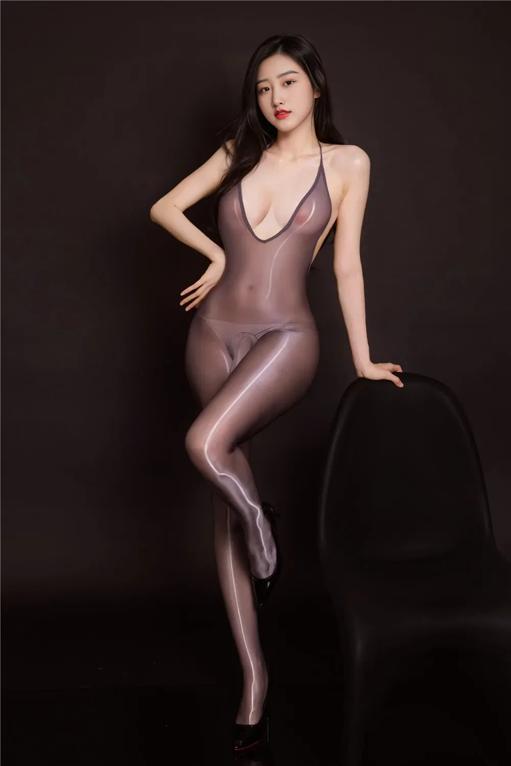 Sexy Women Glossiness Tights Backless Bodysuit Unisex Glossy T-shirt Yoga Bulge Pouch Elephant Nose Maid Leotard V Neck