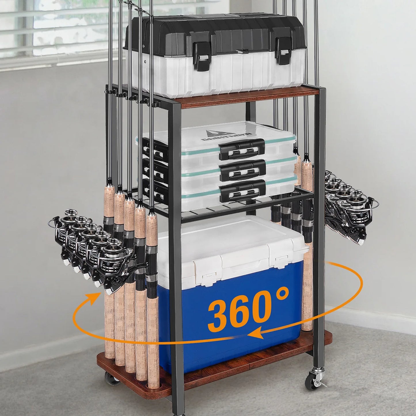 Fishing Rod Holders for Garage, Fishing Gear and equipment Rotating Tackle Storage Cart, Pole Rod Rack Hold up to 10 Rods