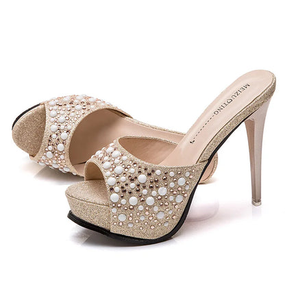 Women Crystal Slippers 2024 New Fashion Platform 12CM Thin High Heels Designer Slides Sandals Luxury Rhinestones Summer Shoes
