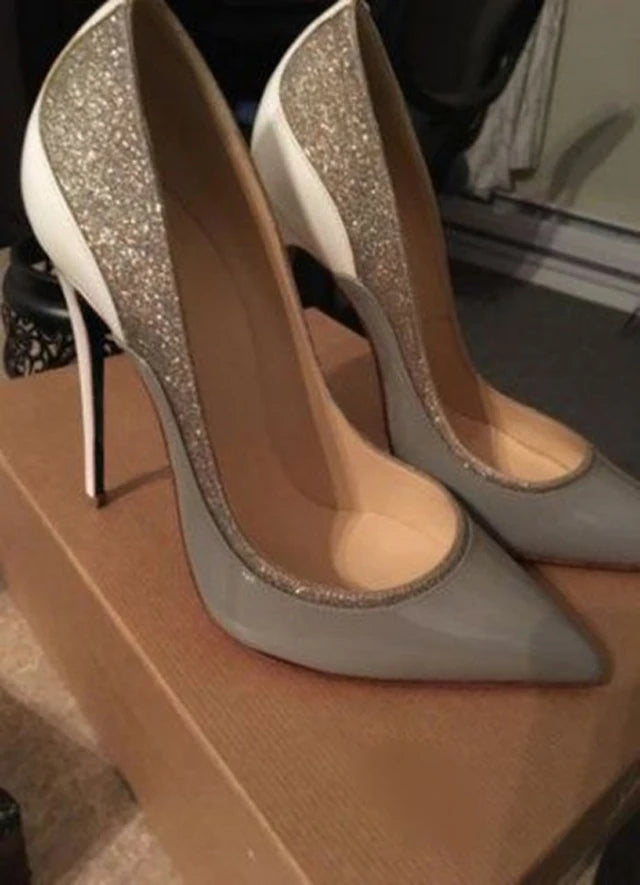 Mint Blue Red Patchwork Glitter Mixed Color Pumps Patent Leather Pointed Toe 12cm Stiletto Heels Wedding Shoes Women