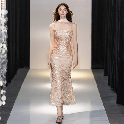 Champagne Rhinestone Spaghetti Strap Mermaid Evening Dress Big Sequins Chiffon Cape Neck Scarf Midi Wedding Guest Gown