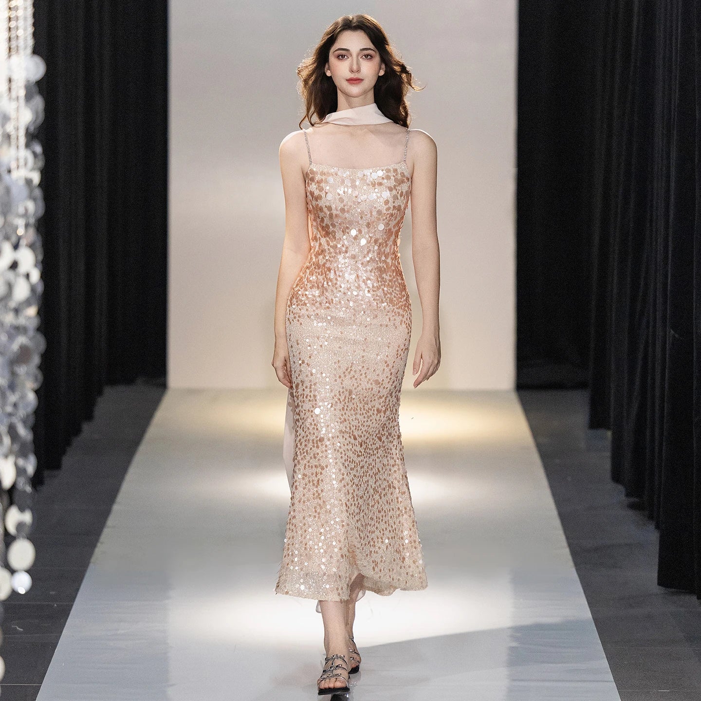 Champagne Rhinestone Spaghetti Strap Mermaid Evening Dress Big Sequins Chiffon Cape Neck Scarf Midi Wedding Guest Gown
