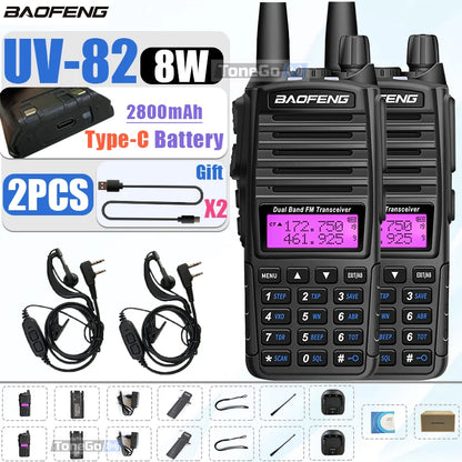 1/2Pcs Baofeng UV-82 Walkie Talkie 5/8W Tri-Power FM Radio Type-C Charger Dual PTT Dual Band VHF/UHF Two Way Camouflage For Hunt