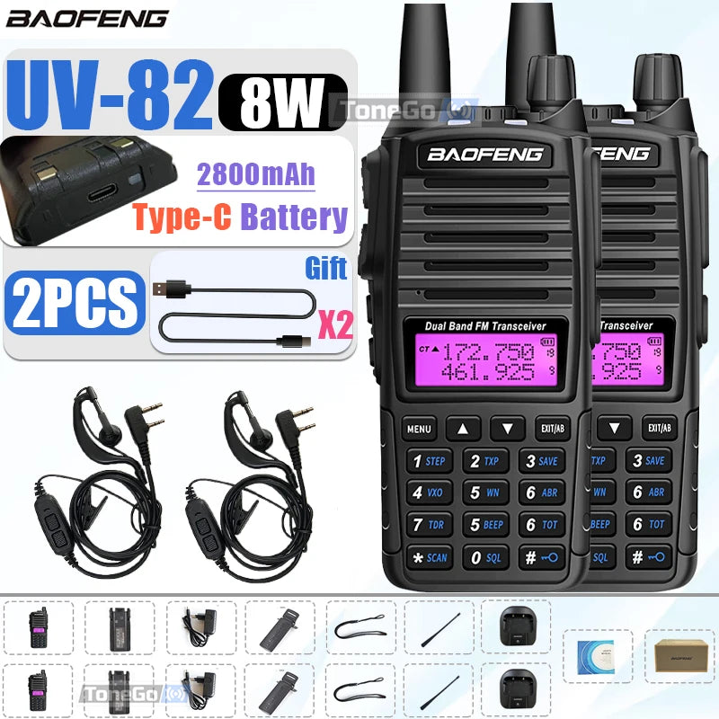 1/2Pcs Baofeng UV-82 Walkie Talkie 5/8W Tri-Power FM Radio Type-C Charger Dual PTT Dual Band VHF/UHF Two Way Camouflage For Hunt
