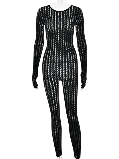 Sibybo Sheer Hollow Out Jumpsuits Women Summer Round Neck Long Sleeve High Stretch One Piece Jumpsuit Rompers Thin Sexy Overalls