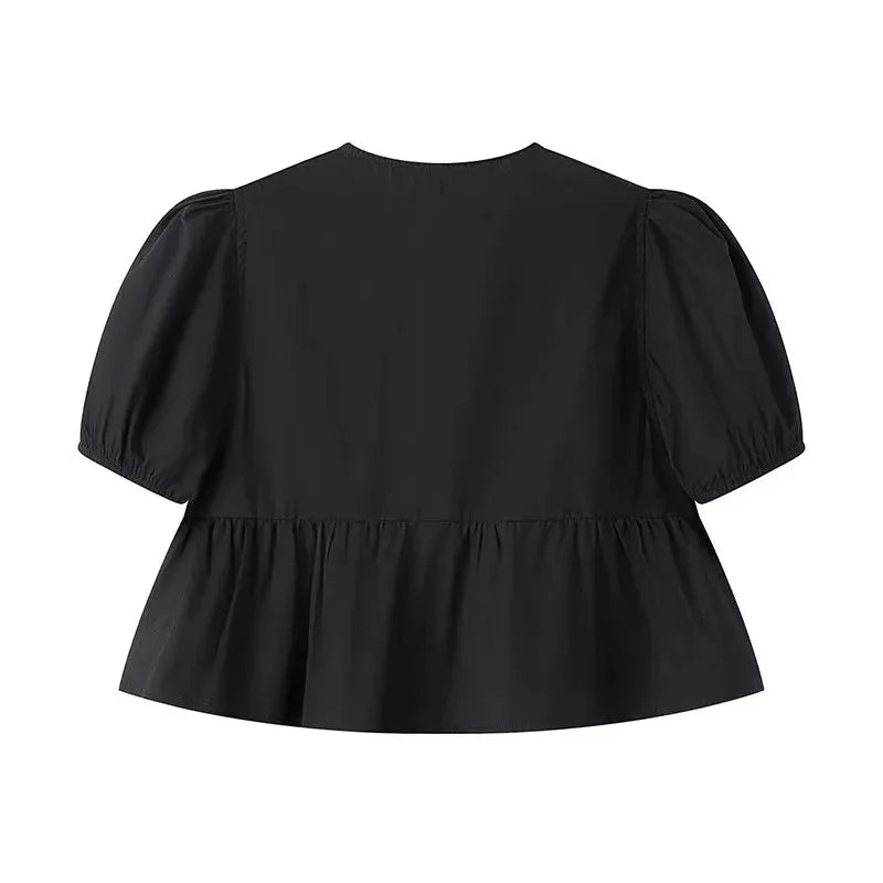 MUJER Leopard Print Crop Top Women Puff Sleeve Ruffle Blouses Woman 2025 Summer Shirts and Blouses for Women Ruched Ladies Tops