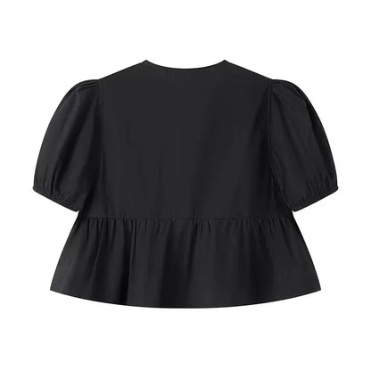 MUJER Leopard Print Crop Top Women Puff Sleeve Ruffle Blouses Woman 2025 Summer Shirts and Blouses for Women Ruched Ladies Tops
