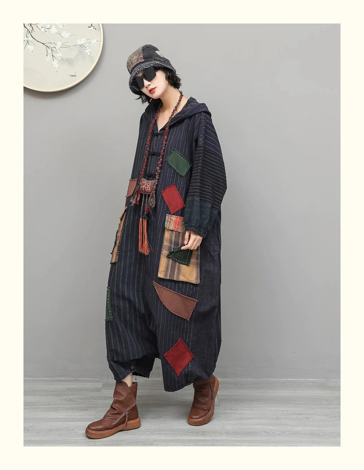 Unique Vintage-style Patchwork Jumpsuit Women Autumn Loose Hooded Long Sleeves Overalls LX6788