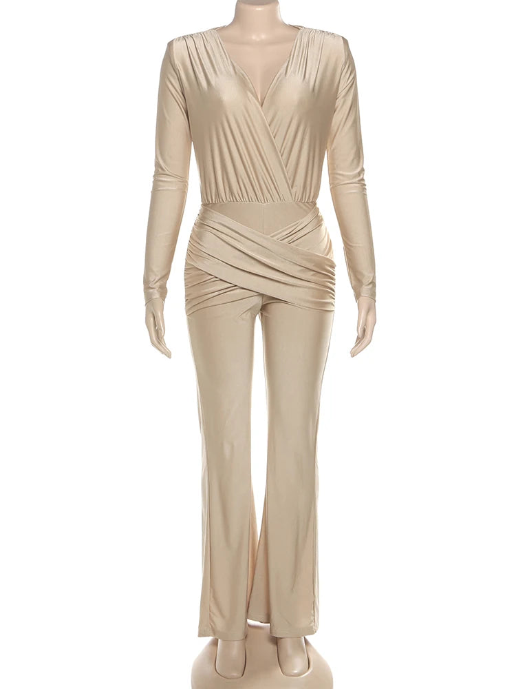Weird Puss Cross Ruched Jumpsuit Women Patchwork Deep v-Neck Full Sleeve Elegant Skinny Stretch Workout Office Classic Overalls