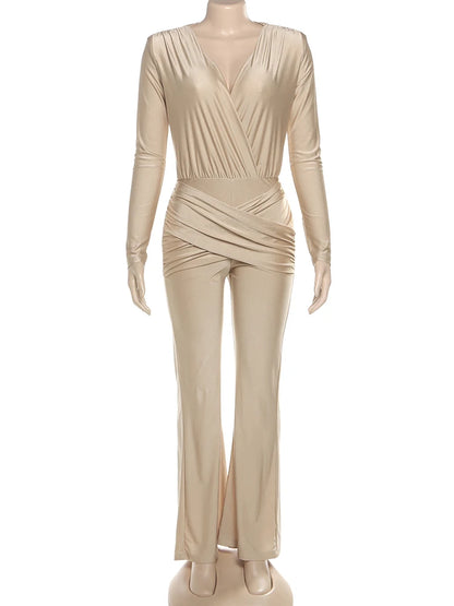 Weird Puss Cross Ruched Jumpsuit Women Patchwork Deep v-Neck Full Sleeve Elegant Skinny Stretch Workout Office Classic Overalls