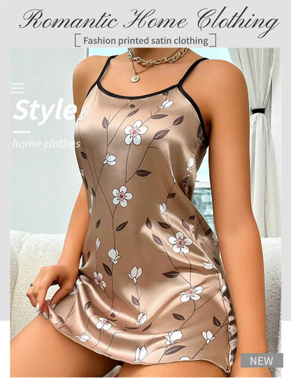 Ladies Sexy Sling Nightgown Nightdress Women's Sexy Lingerie Silk Satin Sleepwear Floral Pinting Nightwear Homewear Mini Dress