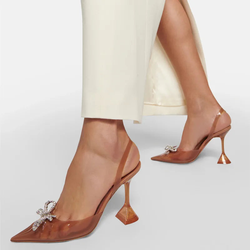 35-45 Fashion Transparent Soft PVC Women Pumps Luxury Rhinestones Bowknot Slingback High heels Spring Summer Wedding Party Shoes