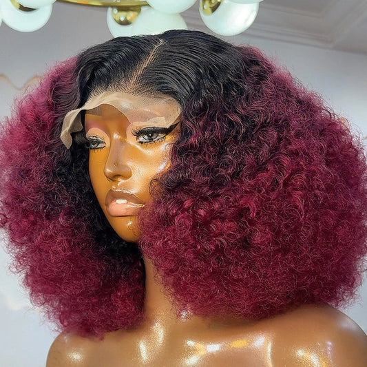450 High Density 1B/99J Colored Afro Kinky Curly 13x4 HD Lace Front Wigs Preplucked Burgundy Red Bob Frontal Wig 100% Human Hair