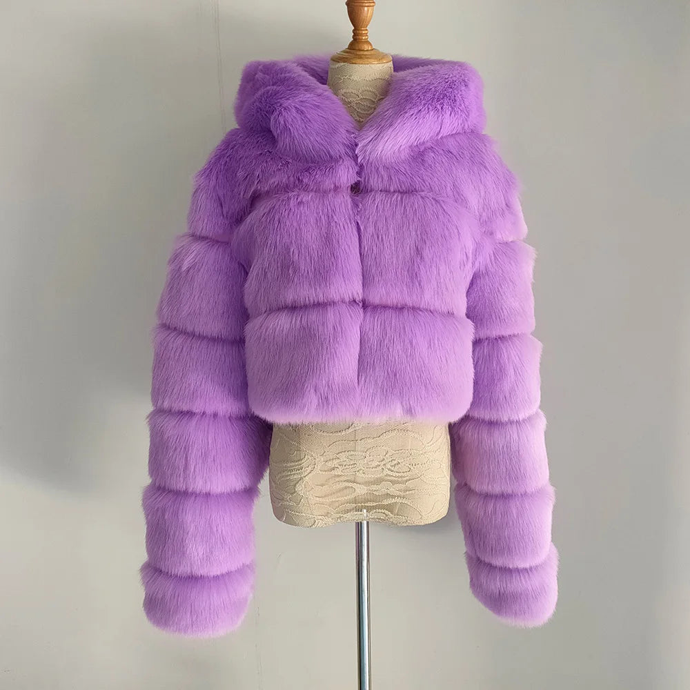 2026 Women Winter Plus Size Faux Fur Croped Coat Female Furry Hooded Long Sleeve Plush Jacket Lady Fake Fur Warm Fluffy Cardigan