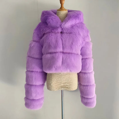 2026 Women Winter Plus Size Faux Fur Croped Coat Female Furry Hooded Long Sleeve Plush Jacket Lady Fake Fur Warm Fluffy Cardigan