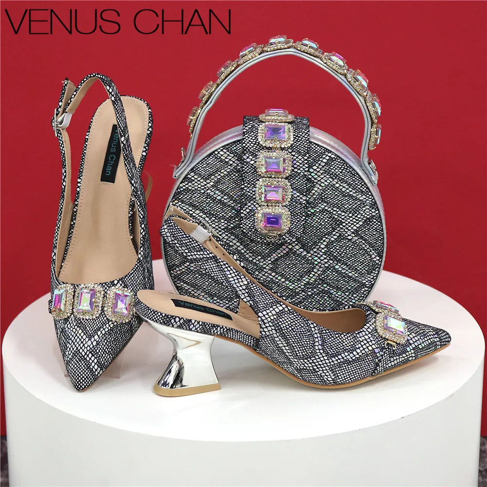 Newest Style Teal Sky Color Platform Design Peep Toe Ladies Shoes Matching Bag Set For Mature Women Heel Party Pump