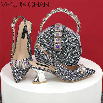 Newest Style Teal Sky Color Platform Design Peep Toe Ladies Shoes Matching Bag Set For Mature Women Heel Party Pump