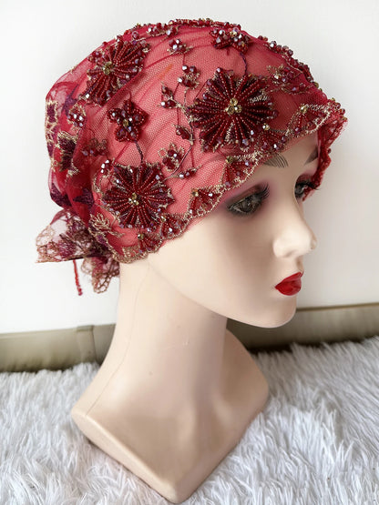 High Quality Lace handcrafted Beaded Turban Hat Female Head Wraps Caps Muslim Women Headscarf Bonnet Ready to Wear Inner Hijabs