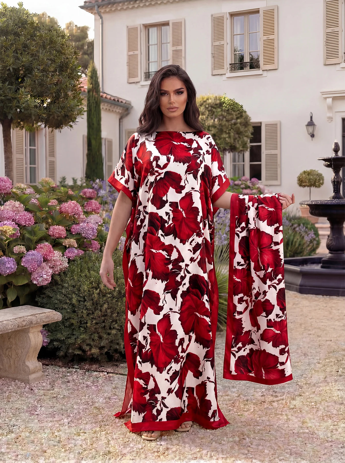 Boho Large Leaf Floral Print Satin Abaya Scarf Set, Loose Batwing Maxi Kaftan For Muslim Women Summer Beach Daily Holiday Wear