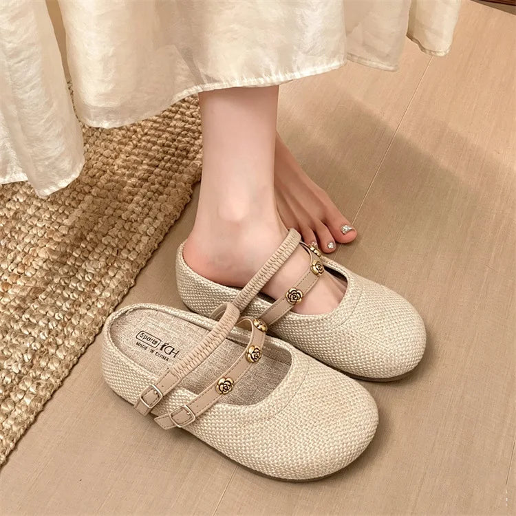 Women's Woven Mary Jane Mules Flat Round Toe Slip-On Shoes with Buckle Straps and Rose Hardware Casual Balletcore Summer Sandals
