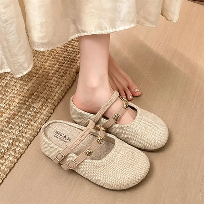 Women's Woven Mary Jane Mules Flat Round Toe Slip-On Shoes with Buckle Straps and Rose Hardware Casual Balletcore Summer Sandals