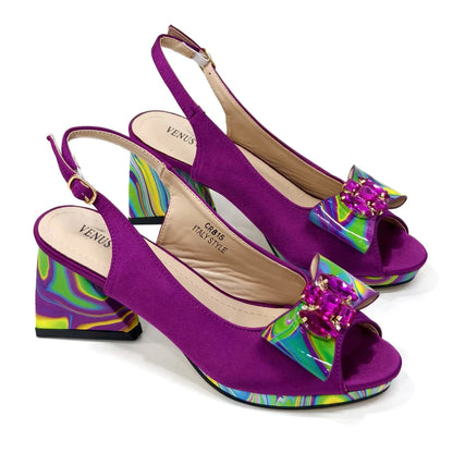 Venus Chan 2024 Fashion Purple Color Painted Rhinestones Elegant Peep Toe Sandals Shoes and Bag Set Italian Heels for Womens